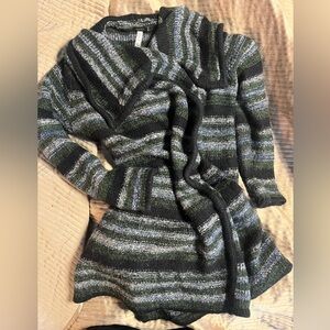 Striped green Black blue and Gray waterfall Cardigan